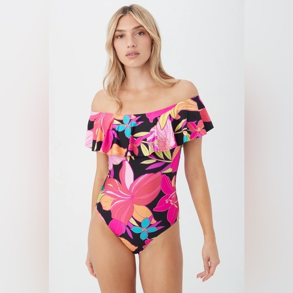 Trina Turk Solar Floral Off The Shoulder Ruffle One Piece Swimsuit